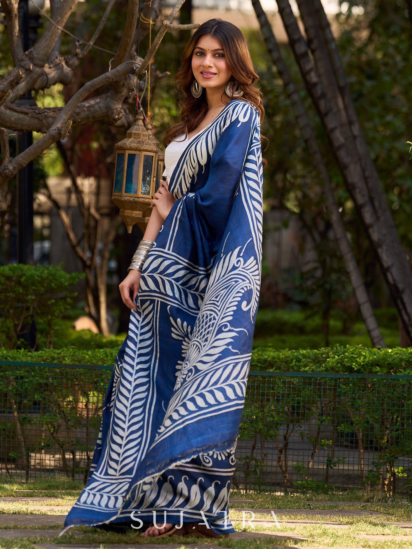 Artisan Blue Pure Silk Saree featuring Bold Hand Batik Work