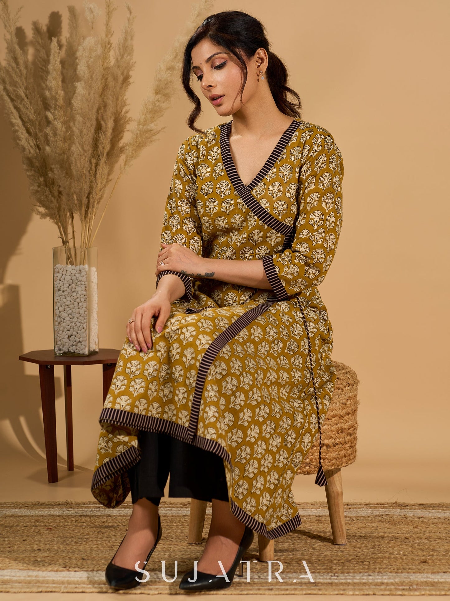 Olive Bloom Mul Cotton Angrakha Style Kurta with Black Contrast Border