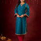 Radiant Teal Silk Kurta with Golden Self-Butta Design