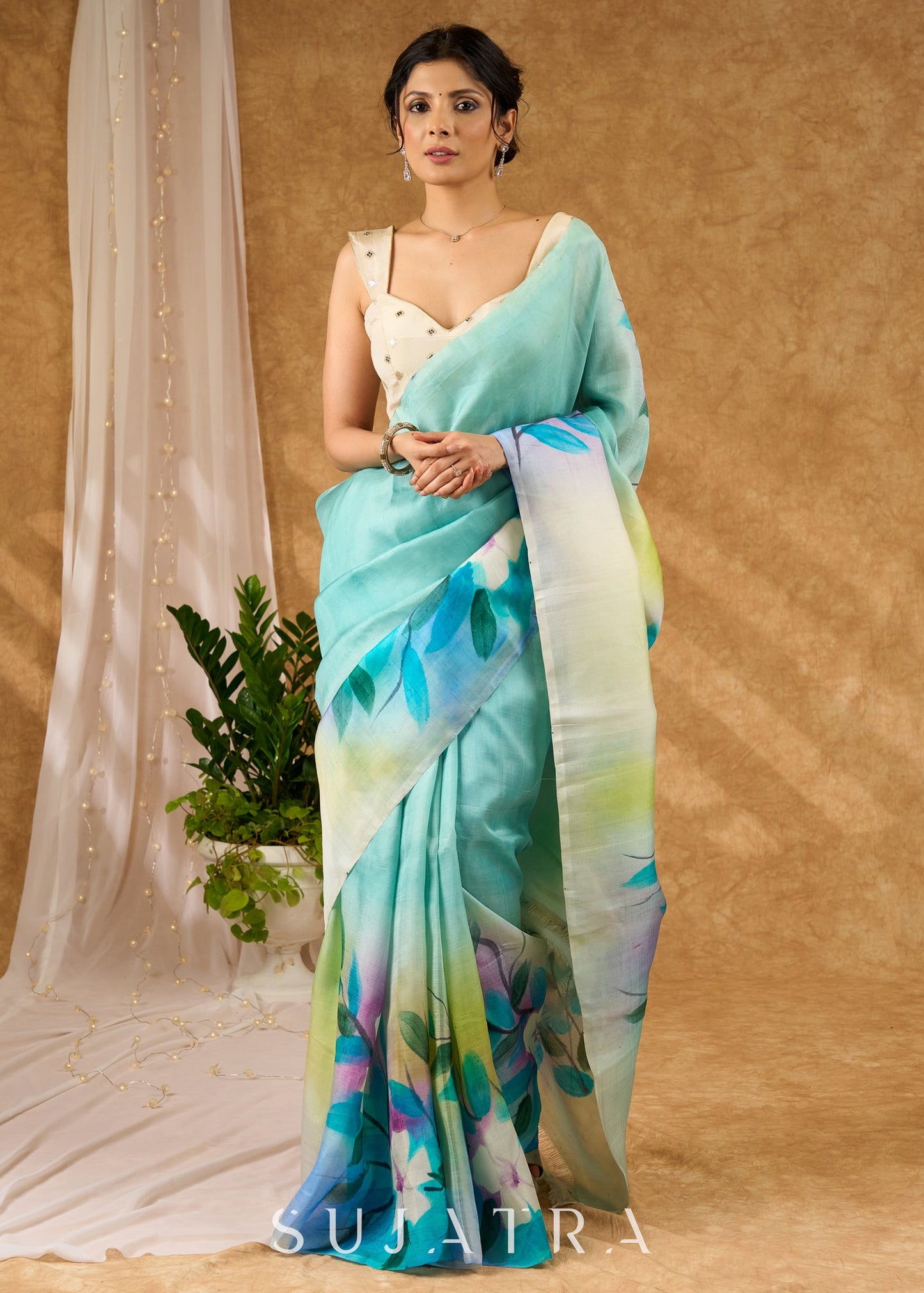 Sky Blue Hand Painted Pure Silk Saree
