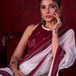 Maroon Luxe Jamdani Cotton Blouse with Halter Neck, Sleeveless Style & Mirror Lace Accents