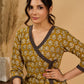 Olive Bloom Mul Cotton Angrakha Style Kurta with Black Contrast Border