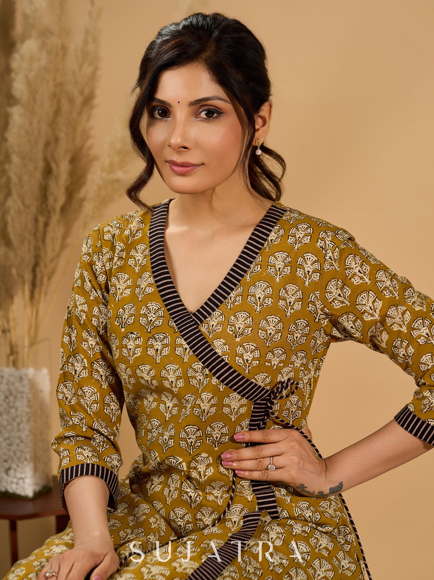 Olive Bloom Mul Cotton Angrakha Style Kurta with Black Contrast Border