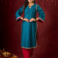 Radiant Teal Silk Kurta with Golden Self-Butta Design
