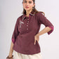 Maroon Cotton Contemporary Top with Embroidered Flamingo and Button Down Yoke