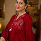 Maroon Cotton Pleated Top Featuring Ajrakh Striped Collar And Hem Accented With Pichwai Hand Painting