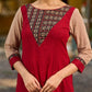 Handcrafted maroon kurta with a V-neck Ajrakh panel and stylish striped sleeves.