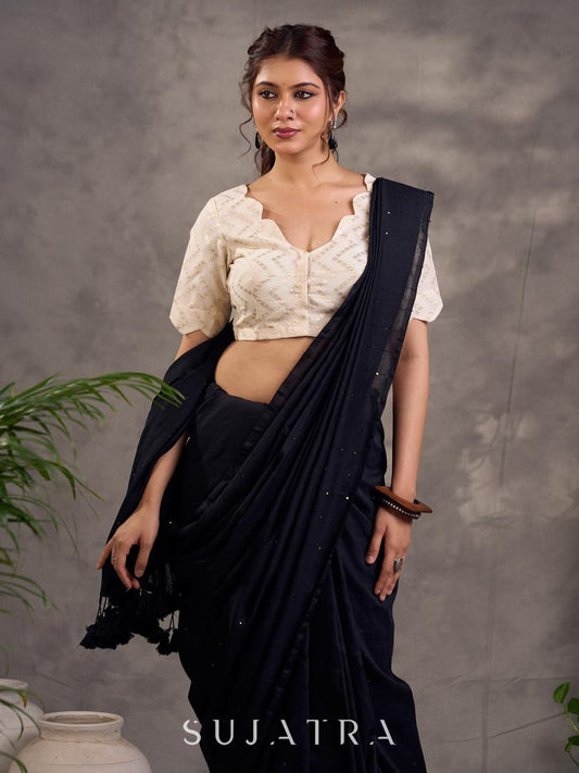 Cream Brocade Elbow Sleeve Blouse with Woven Design and Scalloped Neckline Trim