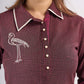 Maroon Cotton Contemporary Top with Embroidered Flamingo and Button Down Yoke