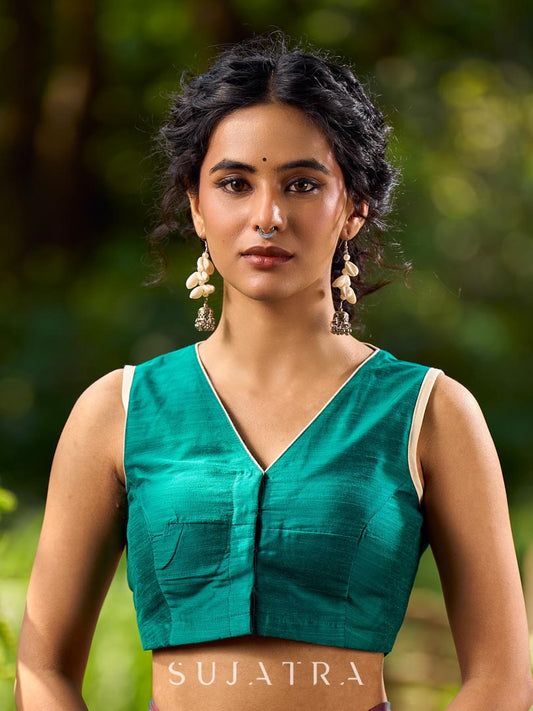 Classic Rama Green Sleeveless V Neck Cotton Silk Blouse
