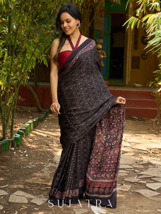 Midnight Elegance : Black Ajrakh Hand Block Printed Pure Modal Silk Saree