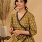 Olive Bloom Mul Cotton Angrakha Style Kurta with Black Contrast Border