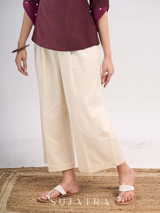 Off White Cotton Flex Pleated Pant