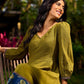 Olive Green Dress with Contrast Ajrakh Handblock Print Border and Puff Sleeves