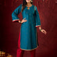 Radiant Teal Silk Kurta with Golden Self-Butta Design