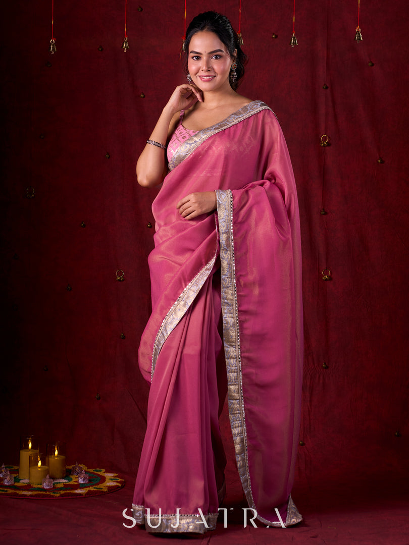 Blush Pink Tissue Saree with Grey Brocade Border & Mirror Lace Detailing