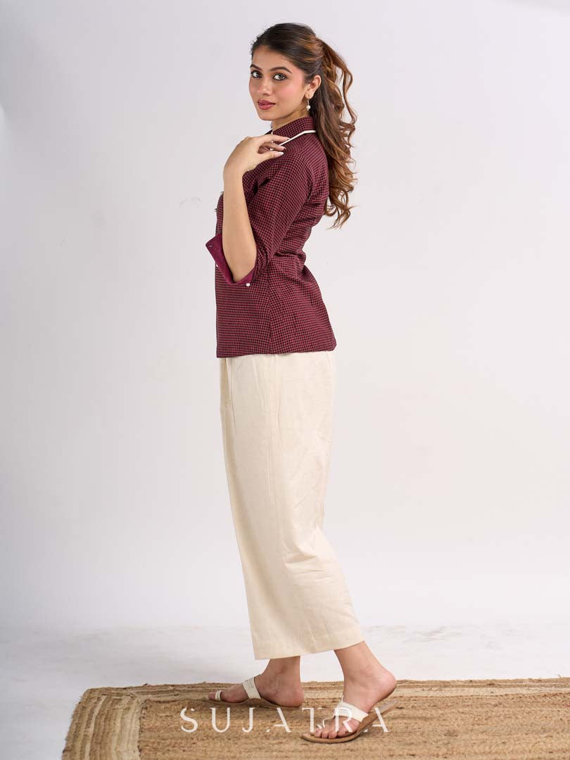 Maroon Cotton Contemporary Top with Embroidered Flamingo and Button Down Yoke