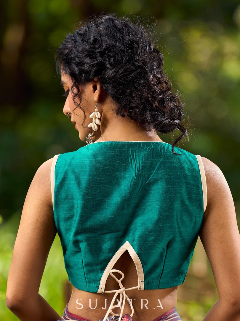 Contemporary Teal and Pink Striped Cotton Saree with Dual-Tone Effect and Hand Block Print Motifs