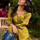 Olive Green Dress with Contrast Ajrakh Handblock Print Border and Puff Sleeves
