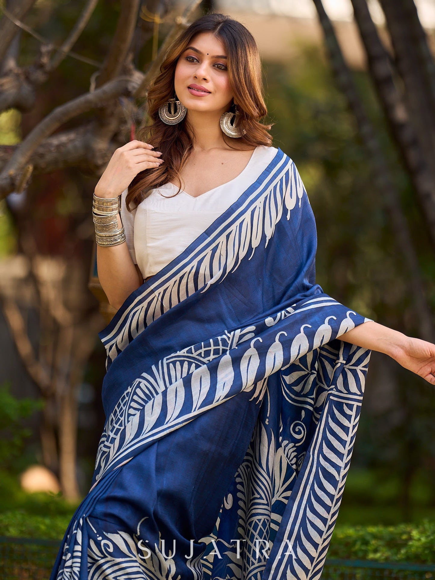 Artisan Blue Pure Silk Saree featuring Bold Hand Batik Work