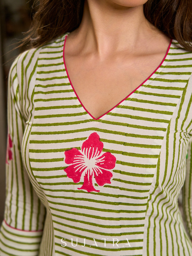 Ivory & Olive Hand Block Printed Rayon Panel Dress with Floral Placement Motif