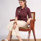 Maroon Cotton Contemporary Top with Embroidered Flamingo and Button Down Yoke
