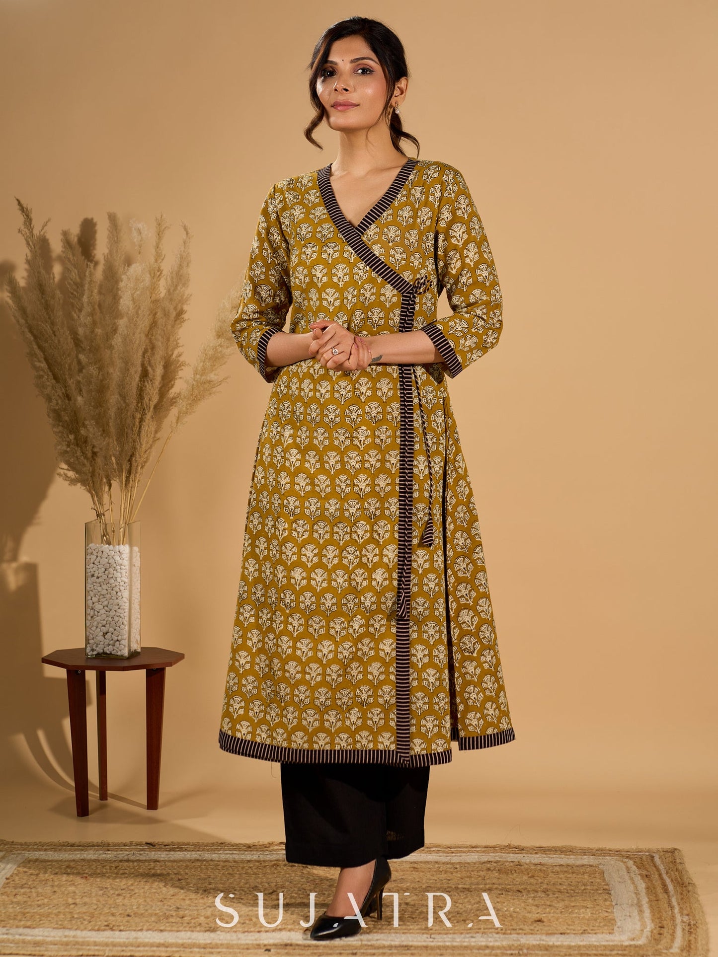 Olive Bloom Mul Cotton Angrakha Style Kurta with Black Contrast Border