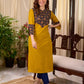 Bright Mustard Cotton Straight Kurta with Dark Blue Floral Yoke Detail