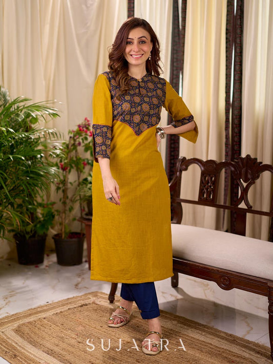 Bright Mustard Cotton Straight Kurta with Dark Blue Floral Yoke Detail