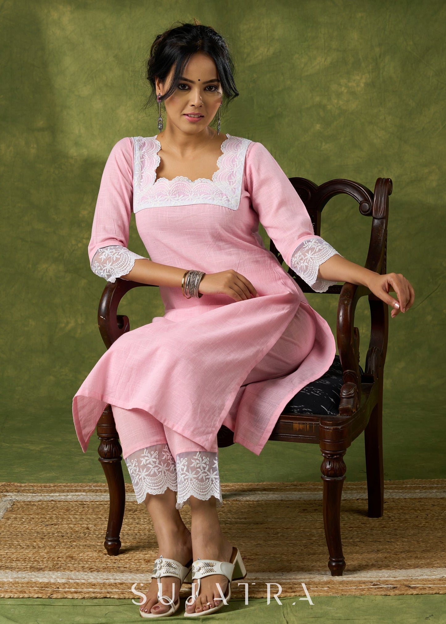 Subtle Baby Pink Cotton Kurta Embellished With Laces  - Pant Optional