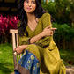Olive Green Dress with Contrast Ajrakh Handblock Print Border and Puff Sleeves
