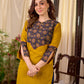 Bright Mustard Cotton Straight Kurta with Dark Blue Floral Yoke Detail