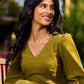 Olive Green Dress with Contrast Ajrakh Handblock Print Border and Puff Sleeves