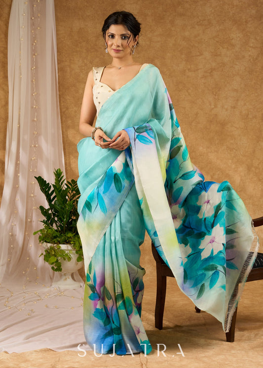 Sky Blue Hand Painted Pure Silk Saree