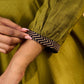 Olive Green Dress with Contrast Ajrakh Handblock Print Border and Puff Sleeves
