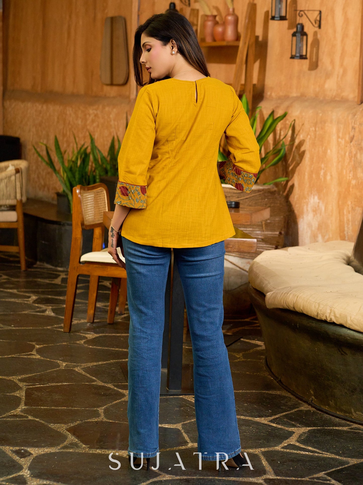 Handcrafted Mustard Cotton Top with Floral Print Pintucks Yoke and Sleeves