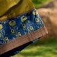 Olive Green Dress with Contrast Ajrakh Handblock Print Border and Puff Sleeves