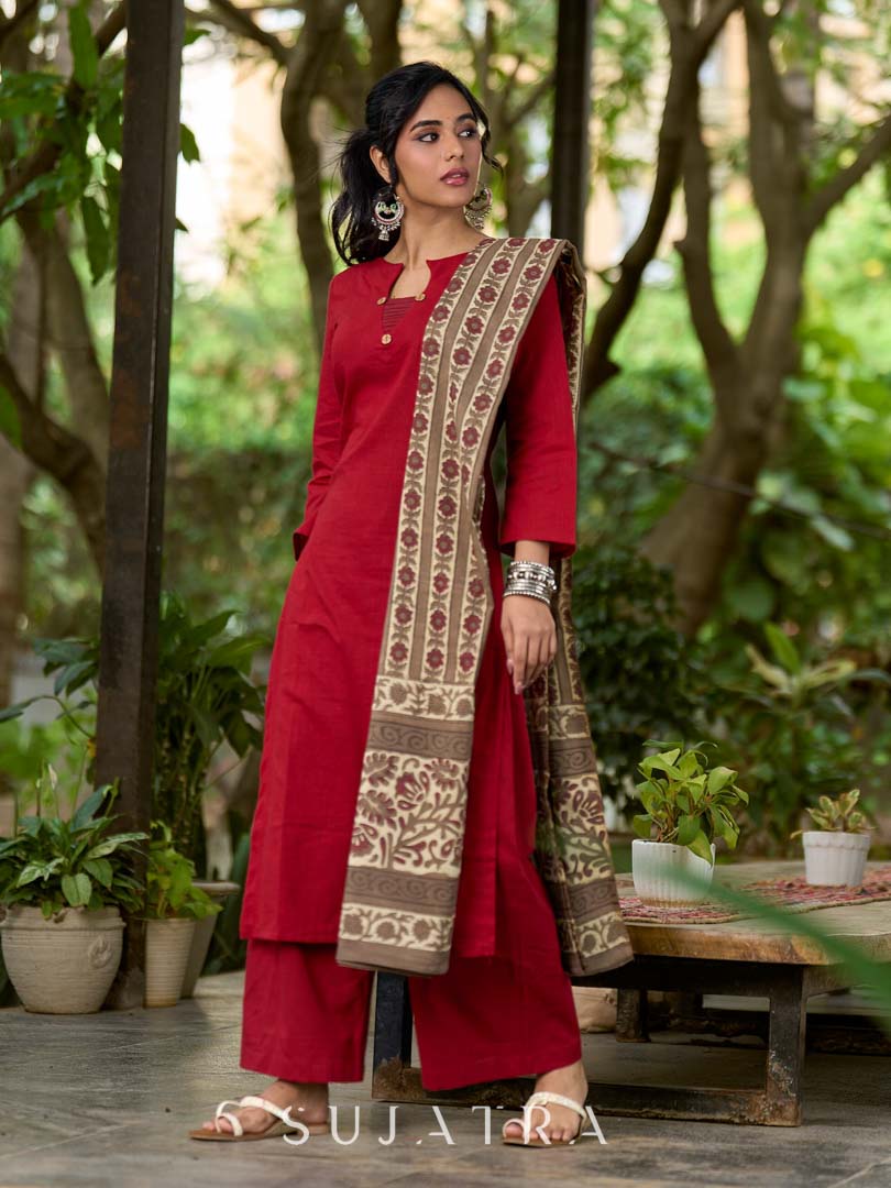 Deep Maroon Cotton Kurta with Subtle Front Button Detail