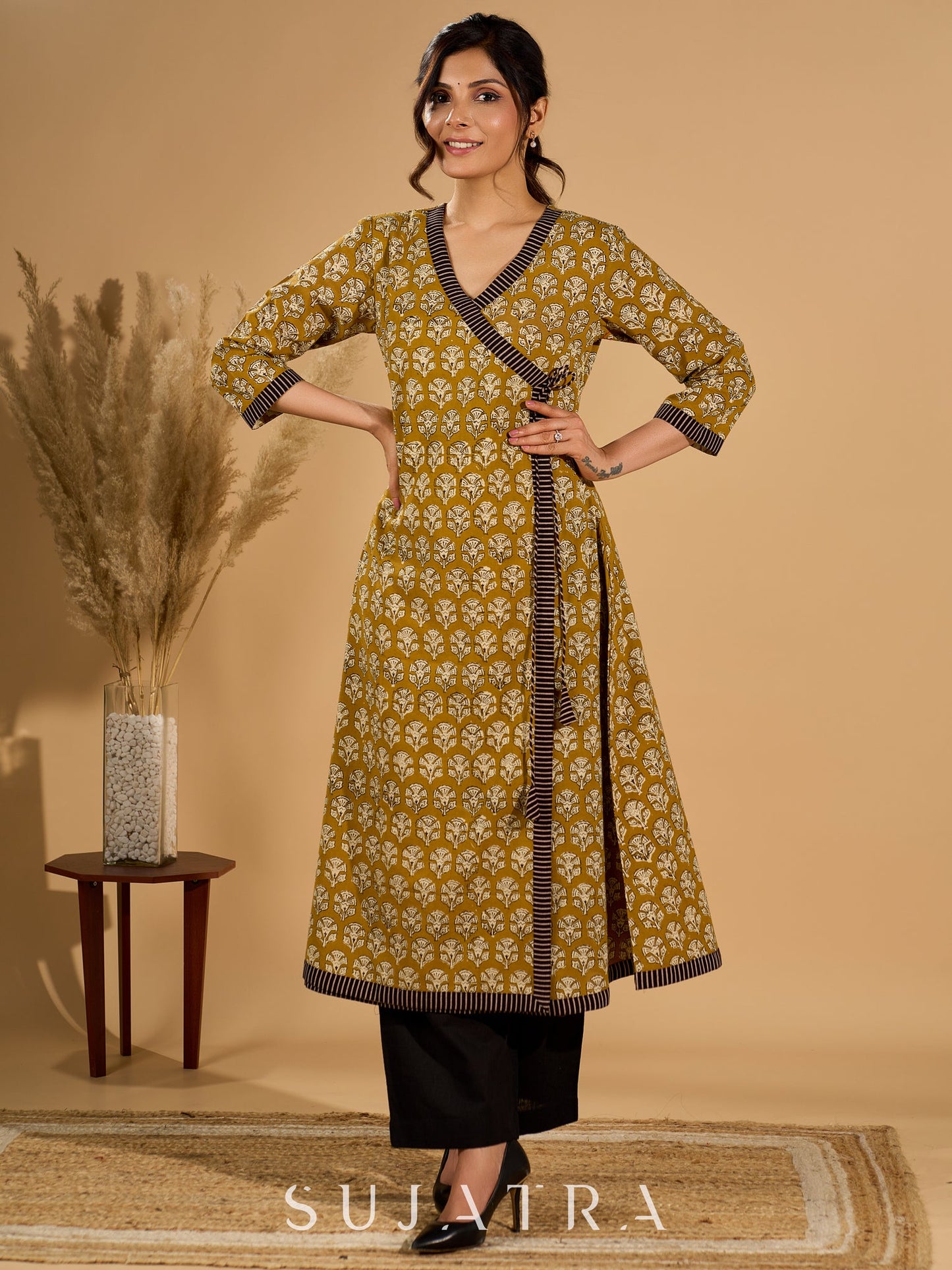 Olive Bloom Mul Cotton Angrakha Style Kurta with Black Contrast Border