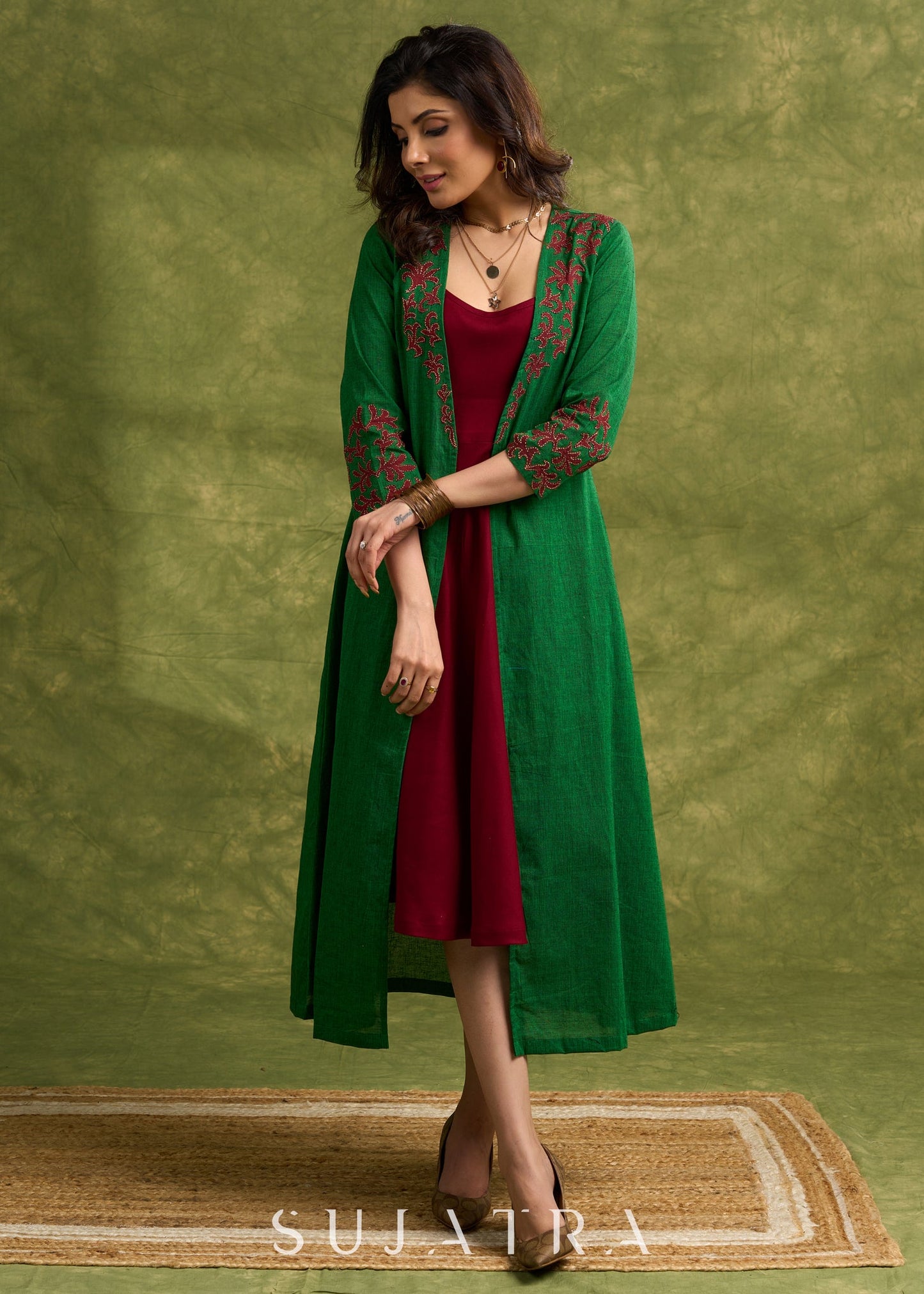 Hand Crafted Emerald Green Cotton Shrug With Vibrant Maroon Appliqué Accents   Dress Optional