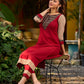 Handcrafted maroon kurta with a V-neck Ajrakh panel and stylish striped sleeves.