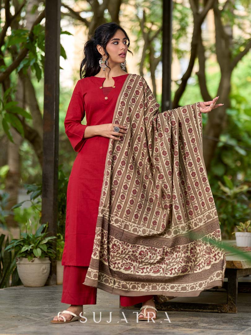 Deep Maroon Cotton Kurta with Subtle Front Button Detail