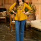 Handcrafted Mustard Cotton Top with Floral Print Pintucks Yoke and Sleeves