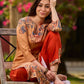 Elegant mustard kurta featuring Kalamkari print in an asymmetrical layout