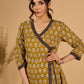 Olive Bloom Mul Cotton Angrakha Style Kurta with Black Contrast Border