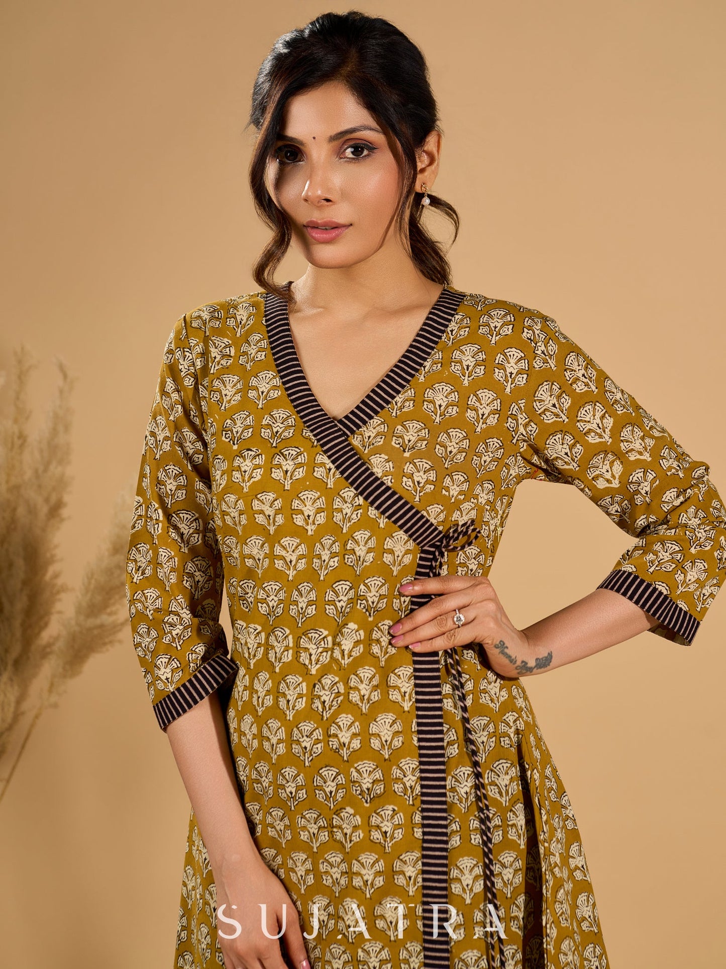 Olive Bloom Mul Cotton Angrakha Style Kurta with Black Contrast Border