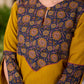 Bright Mustard Cotton Straight Kurta with Dark Blue Floral Yoke Detail