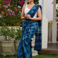 Hand block printed cotton saree in blue symphony and striking motifs
