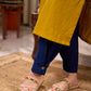 Bright Mustard Cotton Straight Kurta with Dark Blue Floral Yoke Detail