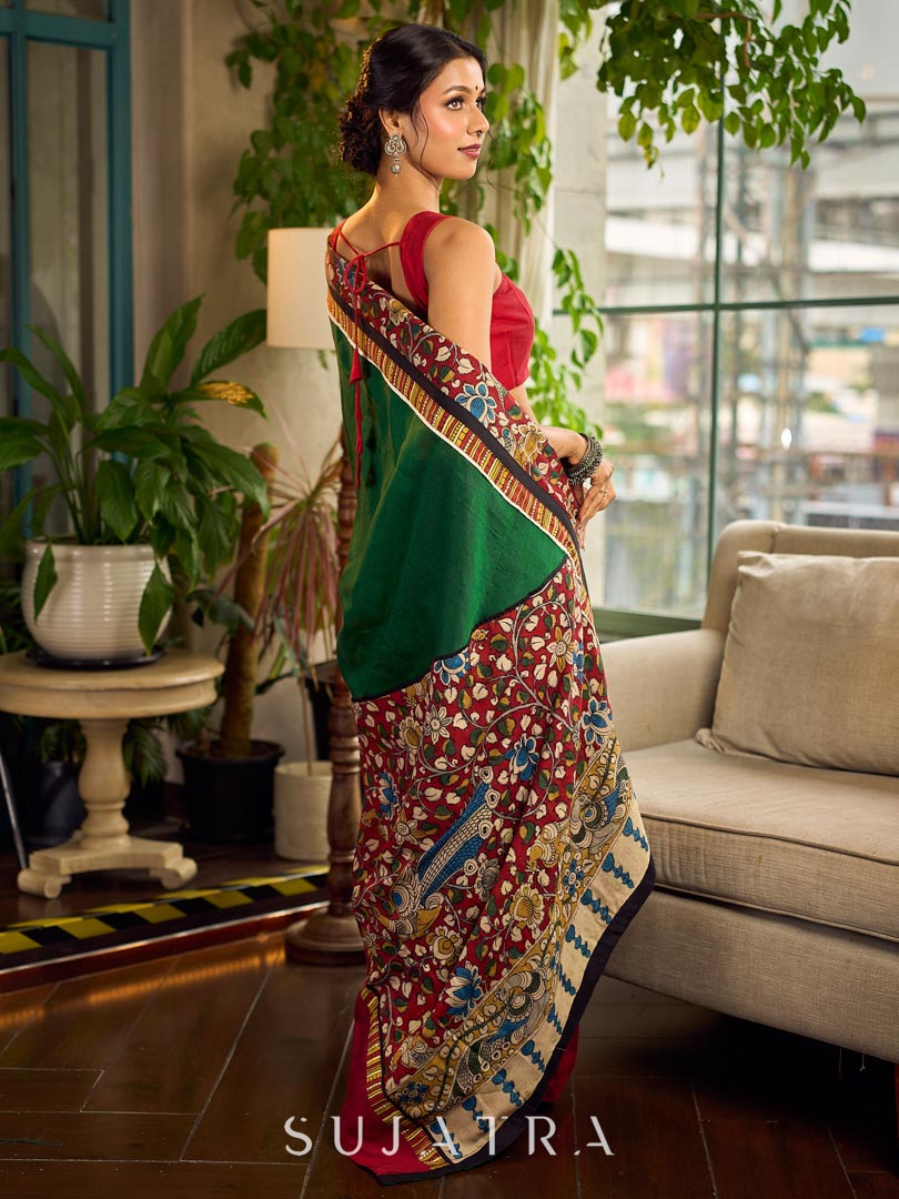 Classic Bottle Green Cotton Saree with Contrast Maroon Border & Hand Painted Pen Kalamkari Pallu